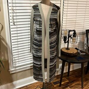 Kori America long duster cardigan sweater with sequin arm patches.